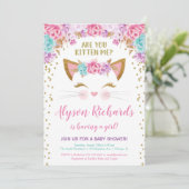 Pink gold and teal floral kitty girl baby shower invitation (Standing Front)