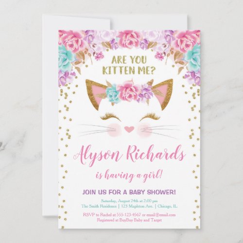 Pink gold and teal floral kitty girl baby shower invitation
