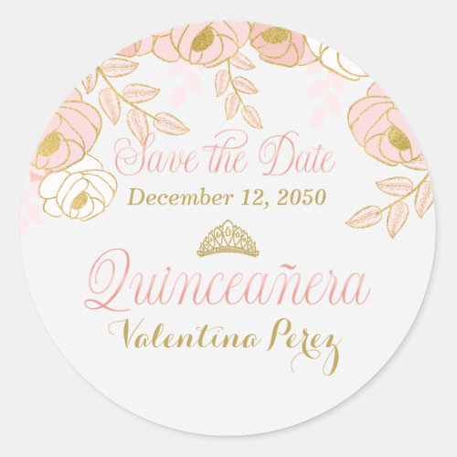 Pink Gold and White Floral Quinceanera Classic Round Sticker