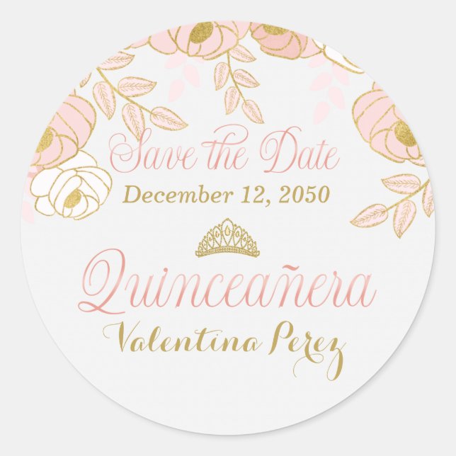Pink Gold and White Floral Quinceanera Classic Round Sticker (Front)