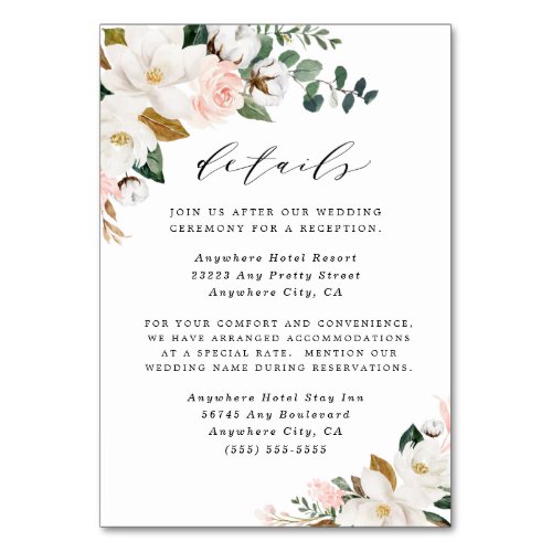 Pink Gold and White Floral Wedding Enclosure Cards - Designs features elegant magnolia, peony rose, eucalyptus, greenery and other watercolor elements in white, blush pink or pink peach and more. The greenery features shades of dark and light green colors with some elements featuring gold, antique gold and copper. This classy item is versatile for varieties of wedding themes -- spring, summer, winter, country, vintage, beach and more.  You can fully customize this enclosure card and also add additional information to the back if needed.  View the collection on this page to view matching items in this design.