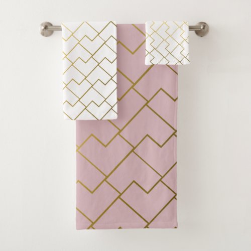 Pink Gold And White Geometric Pattern Bath Towel Set