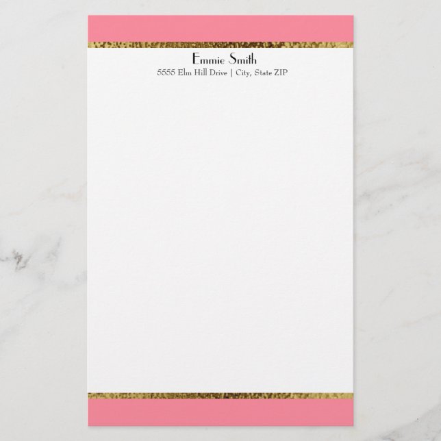 Pink Gold and White Personalized Stationery (Front)
