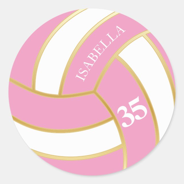 Pink, Gold and White Volleyball - Personalize Classic Round Sticker (Front)