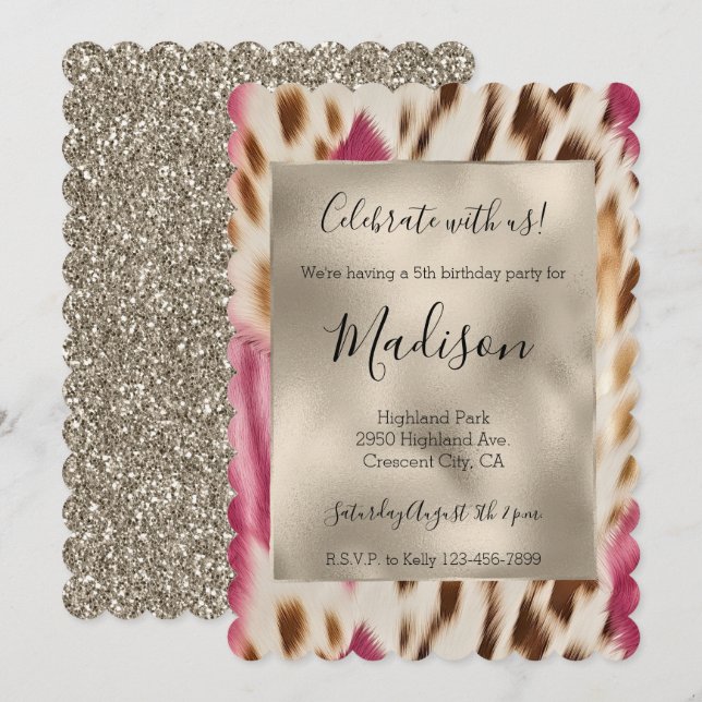 Pink Gold Animal Print Glitz Stylish Glitter  Invitation (Front/Back)