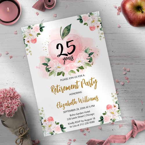 Pink Gold Apple Floral Teacher Retirement Party Invitation
