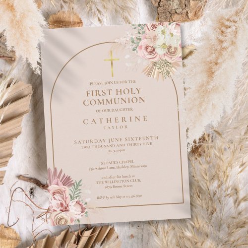 Pink Gold Arch Pampas Grass First Holy Communion Invitation