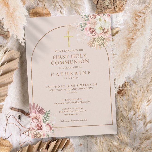 Pink Gold Arch Pampas Grass First Holy Communion Invitation (Pink Gold Arch Pampas Grass First Holy Communion Invitation)