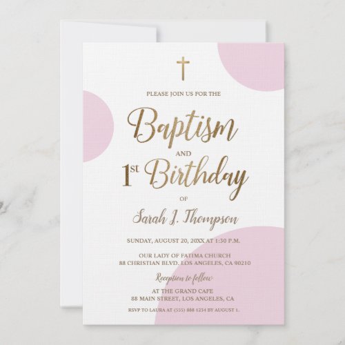 Pink Gold Baby Girl Baptism 1st Birthday Invitation