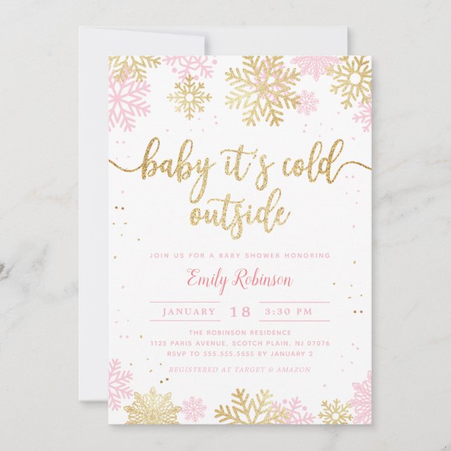 Pink Gold Baby It's Cold Outside Girl Baby Shower  Invitation (Front)