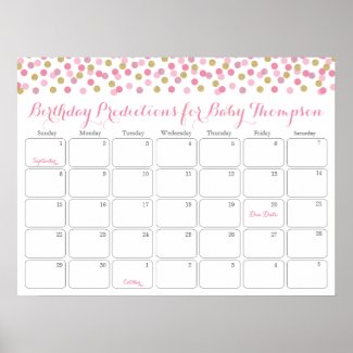 Pink Gold Baby Shower Birthday Prediction Calendar Poster
