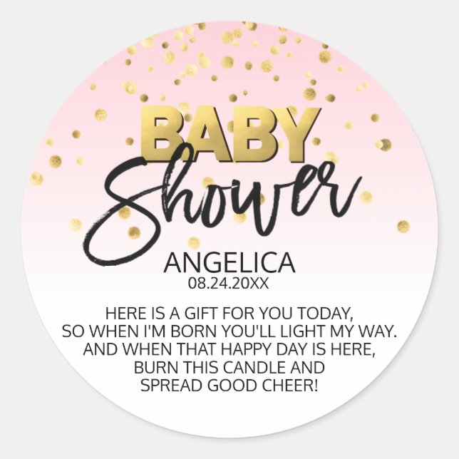Pink Gold Baby Shower Candle Votive Favor Labels (Front)