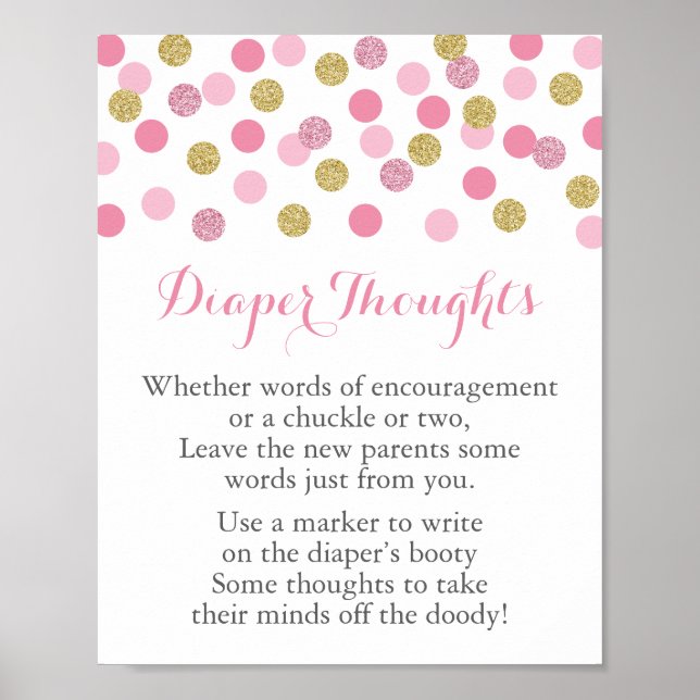 Pink & Gold Baby Shower Diaper Thoughts Game Sign (Front)
