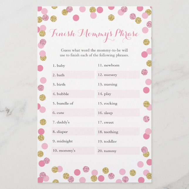 Pink & Gold Baby Shower Finish Mommy's Phrase Game (Front)