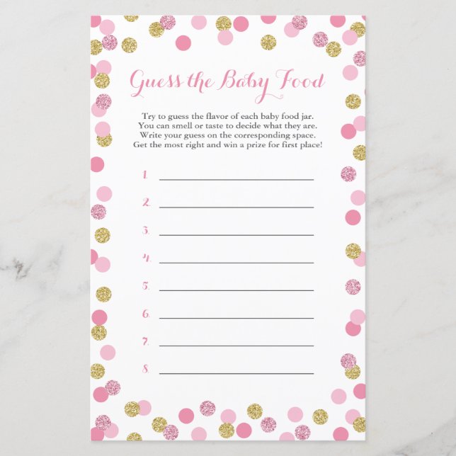 Pink & Gold Baby Shower Guess the Baby Food Game (Front)