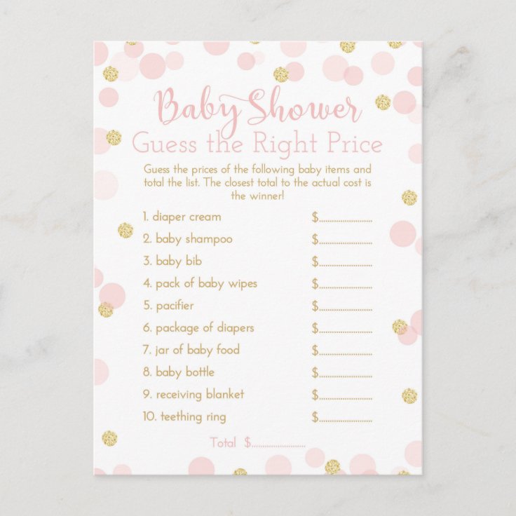 Pink & Gold Baby Shower Guess the Price Game Card | Zazzle