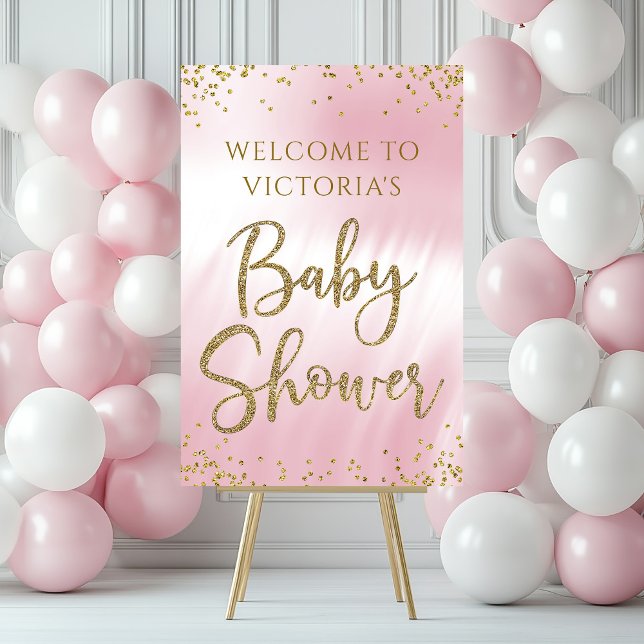 Pink Gold Baby Shower Welcome Sign (Girl pink and gold baby shower welcome sign works with any theme. Simply add your event details.)