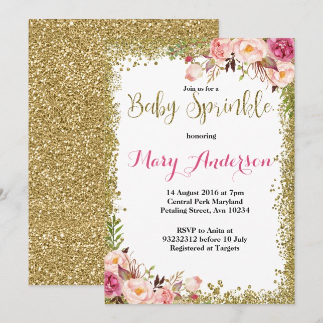 Pink Gold Baby Sprinkle Invitations (Front/Back)