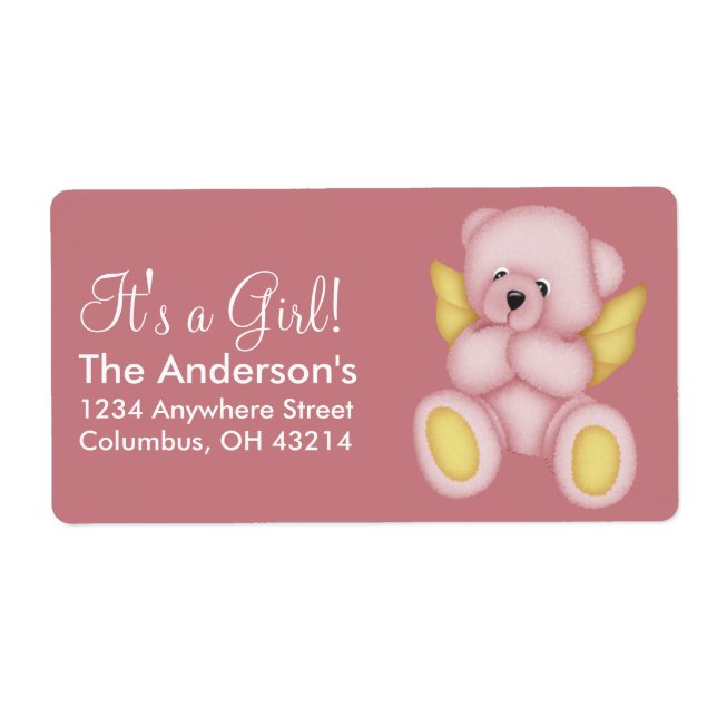 Pink & Gold Baby Teddy Bear Angel Address Labels (Front)