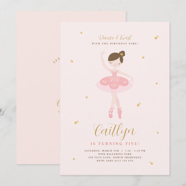 Pink & Gold Ballerina Birthday Invitation (Front/Back)