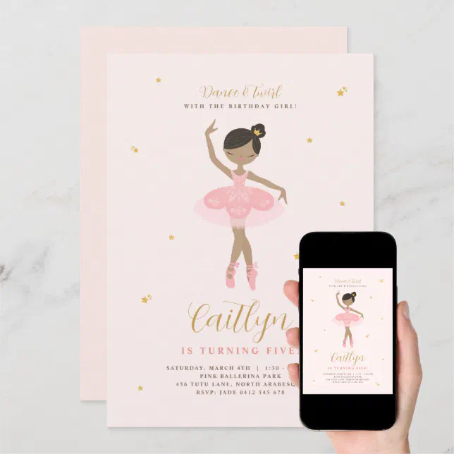 Pink & Gold Ballerina Birthday Invitation Zazzle