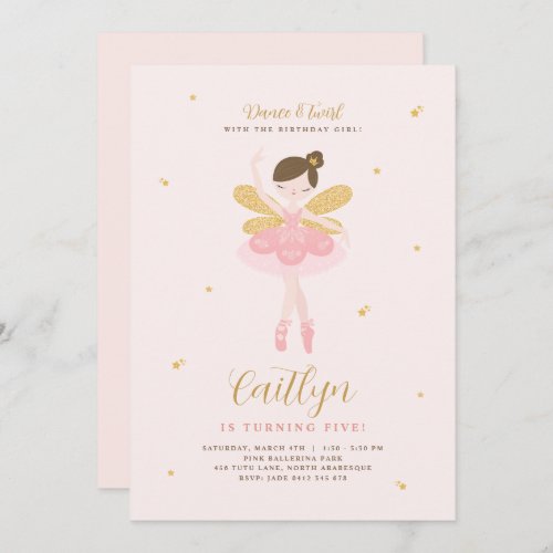 Pink  Gold Ballerina Fairy Birthday Invitation