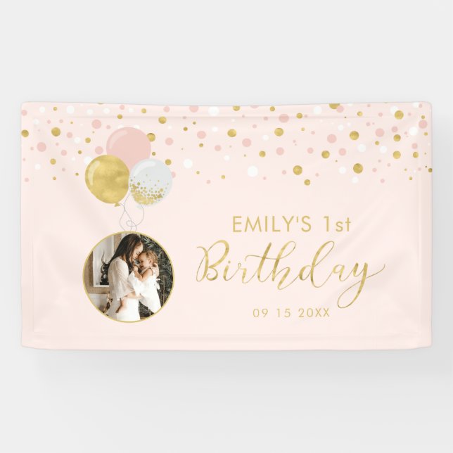 Pink & Gold Balloon 1st Birthday Photo Banner (Horizontal)