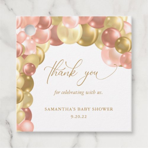 Pink & Gold Balloon Arch Baby Shower Thank You Favor Tags - Add this cute favor tag to your baby shower guest gifts. The design features an elegant graphic of a balloon arch in the colors of pink, rose gold and gold and script text. It is perfect for a shower in honor of a baby girl.