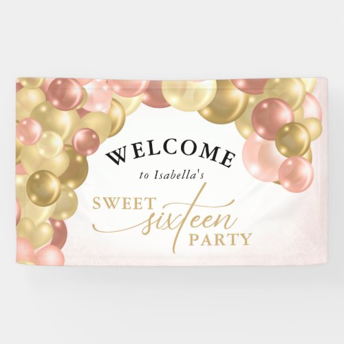 Pink & Gold Balloon Arch Sweet 16 Party Welcome Banner - This sweet 16 welcome banner features an elegant balloon arch in the colors of pink, rose gold and gold. 