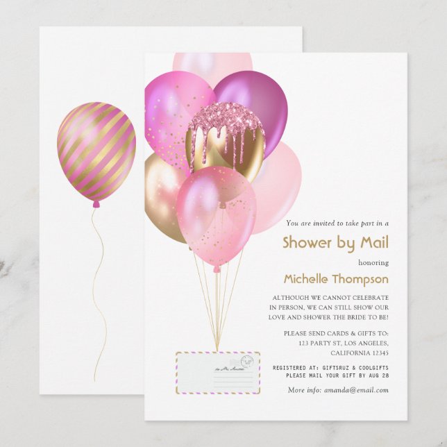 Pink & Gold Balloon Baby or Bridal Shower by Mail Invitation (Front/Back)
