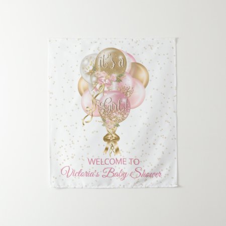 Pink Gold Balloon Baby Shower Banner Backdrop
