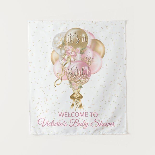 Pink Gold Balloon Baby Shower Banner Backdrop (Front)