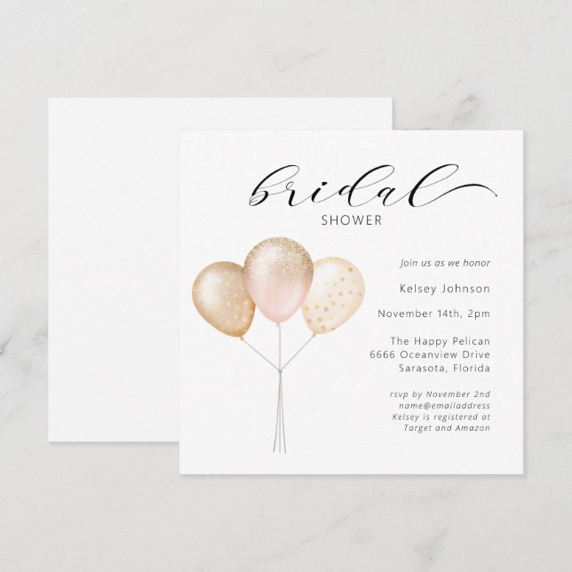 Pink Gold Balloon Calligraphy Bridal Shower Invitation (Front/Back)