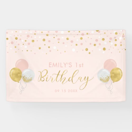Pink  Gold Balloon Girl 1st Birthday Banner
