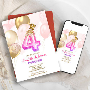 Pink Gold Balloon Girl 4th Birthday Invitation