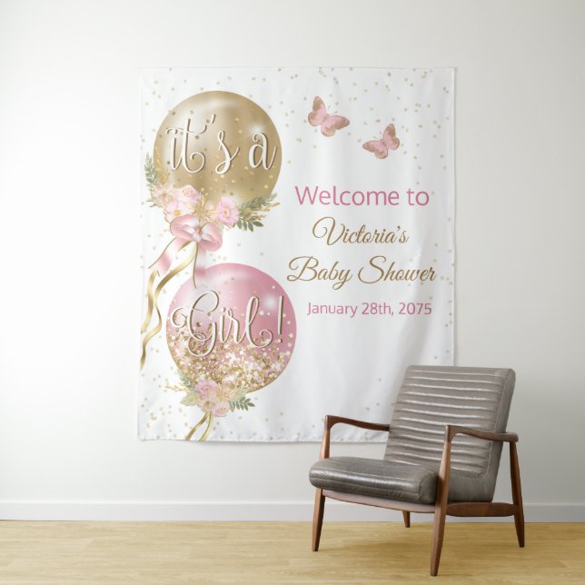 Pink Gold Balloon Girl Baby Shower L Backdrop (In Situ)