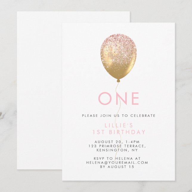 Pink & Gold Balloon Girl's 1st Birthday  Invitation (Front/Back)