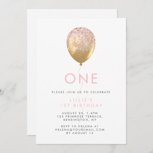 Pink  Gold Balloon Girls 1st Birthday  Invitation