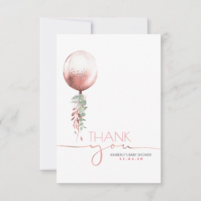 Pink Gold Balloon Greenery Baby Shower Thank You (Front)