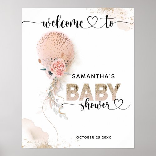  Pink Gold Balloon Welcome Girl Baby Shower Poster