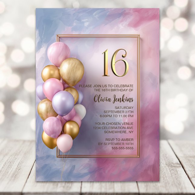 Pink Gold Balloons 16th Birthday Party Invitation (Creator Uploaded)