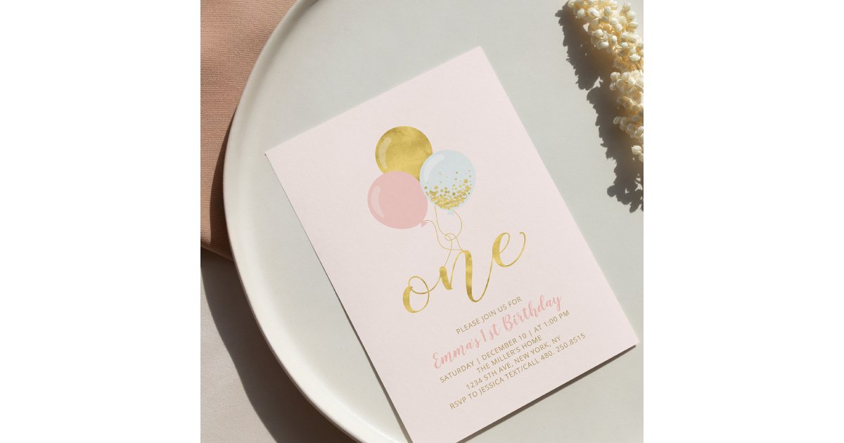 Pink & Gold Balloons 1st Girl Birthday Party Invitation | Zazzle