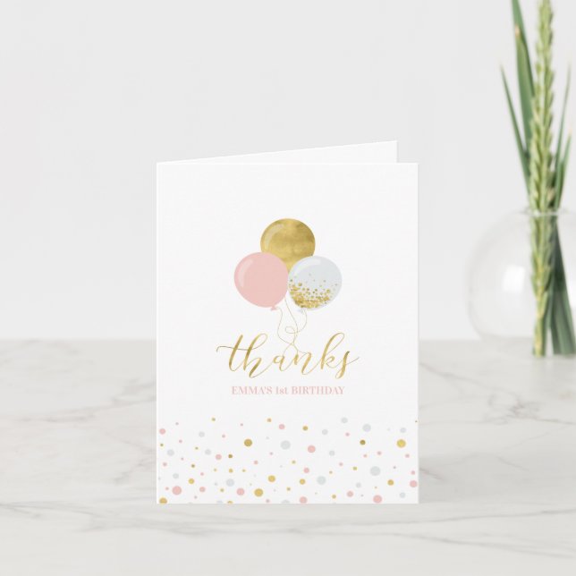 Pink & Gold Balloons 1st Girl Birthday Thank you (Front)