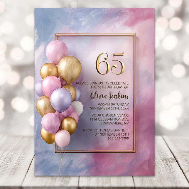 Pink Gold Balloons 65th Birthday Party Invitation (Creator Uploaded)