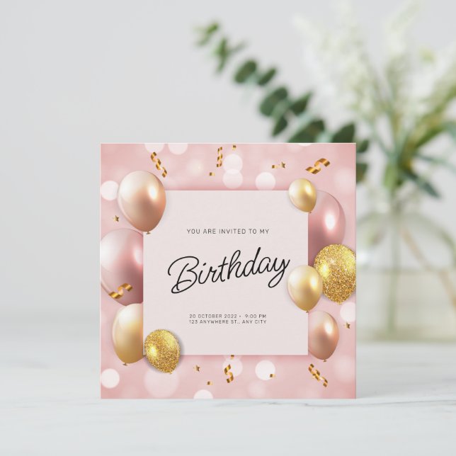 Pink Gold Balloons Birthday Invitation (Standing Front)