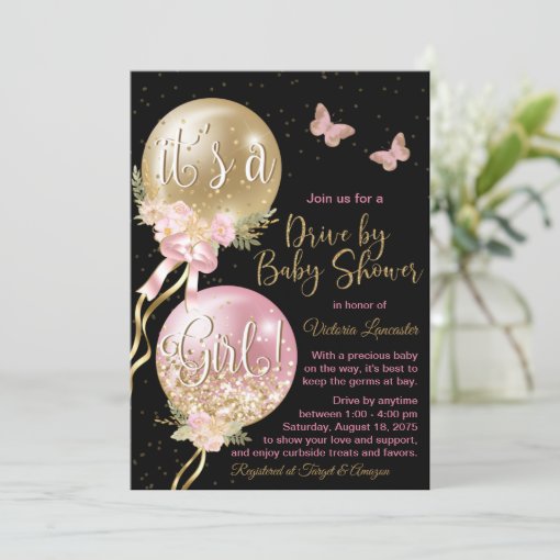 Pink Gold Balloons Butterflies Covid Baby Shower Invitation Zazzle