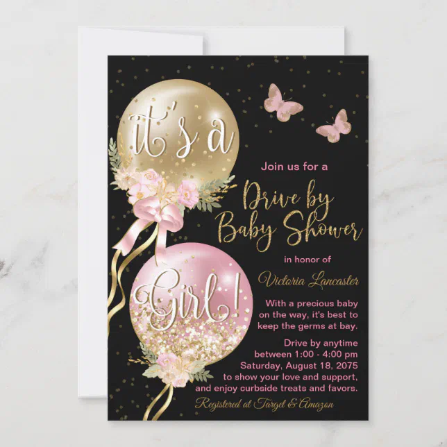 Pink Gold Balloons Butterflies Covid Baby Shower Invitation Zazzle