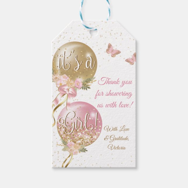 Pink Gold Balloons Butterfly Baby Shower Gift Tags (Front)