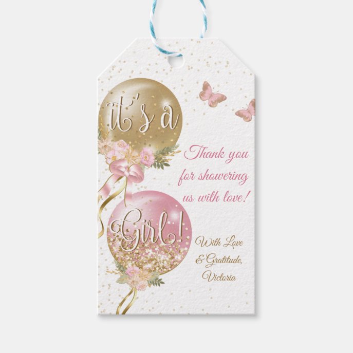 Pink Gold Balloons Butterfly Baby Shower Gift Tags