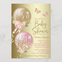 Pink Gold Balloons Butterfly Baby Shower Invitation